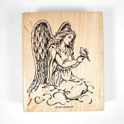 Stampin' Up! 1999 vintage Sello de goma montado en madera de pájaro sosteniendo ángel Foto 1 de 4