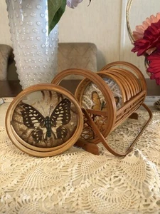 Vintage Bamboo Coaster Set Of 5 With Caddy Beautiful Pressed Butterflies Wicker - Picture 1 of 20