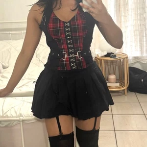 VTG TRIPP NYC Y2K Red Plaid Goth Grunge Punk Emo Rave Vampy Zip Halter Dress M - Picture 1 of 5