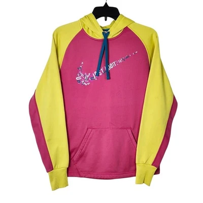 Sudadera con capucha deportiva Nike Therma-Fit para mujer pequeña rosa amarilla Just Do It Swoosh Foto 1 de 4