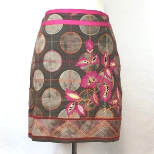 Etcetera Womens 2 Taupe Side Zip Career Retro Skirt Colorful Embroidery & Trim - Picture 1 of 8