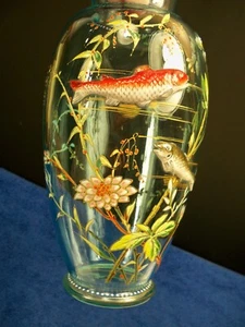 Harrach emailliertes Fischdekor GROSSE Vase SELTEN unmarkiert 11,5" x 5,5" um 1880-90er - Bild 1 von 18