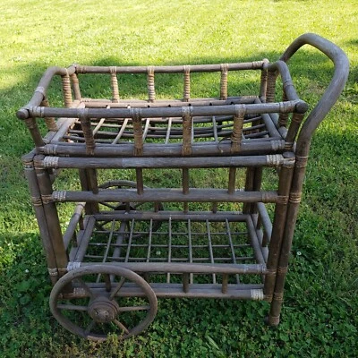 Carro de barra rodante de ratán de colección con bandeja para servir extraíble carro de fiesta decoración almacenamiento Foto 1 de 4