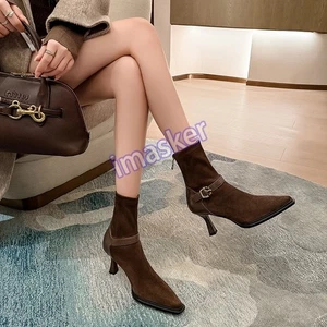 New Womens Pointed Toe Zipper Ankle Boots Belt Buckle High Heels Elastic Boots - Picture 1 of 24
