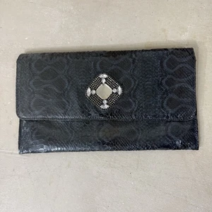 Chico’s Black Snakeskin Embossed Clutch Bag Faux Leather Beaded Accent - Picture 1 of 6