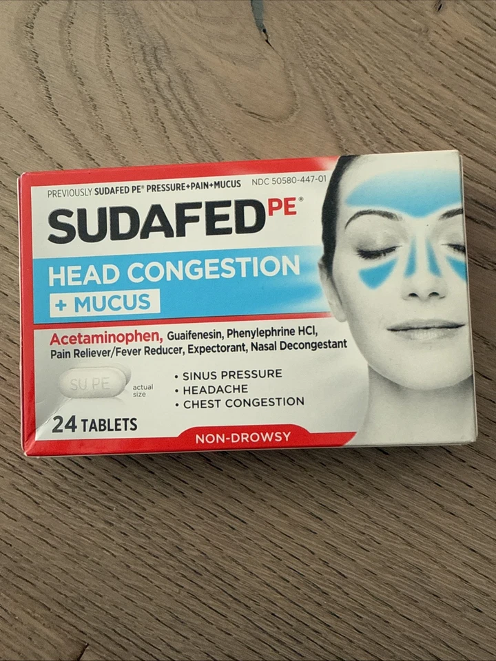 Sudafed PE Head Congestion + слизь, 24 таблетки, срок годности 02/2026 - Изображение 1 из 1