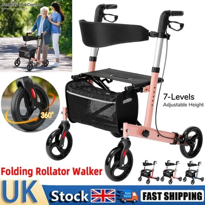 Folding Rollator Lightweight Walking Aid 4 Wheels Mobility Walker With Seat