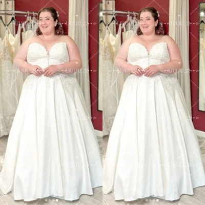 Plus Size Strapless Satin Wedding Dresses Sweep Train Lace Applique Bridal Gowns - Image 1 of 4