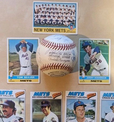 ¡Béisbol firmado por el equipo de los Mets de Nueva York 1976 + tarjetas!  Seaver, Koosman, Lolich, Torre Foto 1 de 4