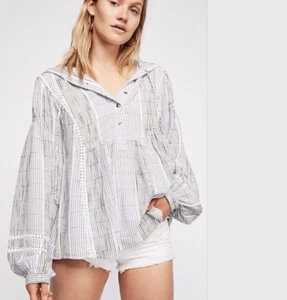 Free People Top Baja Babe Hooded Medium Stripe Pullover Popover Crochet Tunic M - Picture 1 of 12