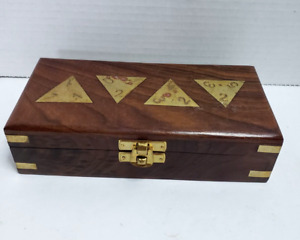 VINTAGE WOOD BRASS INLAY TRIANGLE DOMINOES GAME W/INSTRUCTIONS