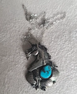 Signed RP? Native American Vtg Sterling Silver Turquoise Unicorn 18" Necklace - Picture 1 of 8