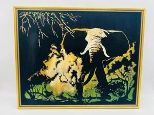 Vintage Painting on Black Velvet of Elephant Stampede in Jungle Framed 53x43cm - Picture 1 of 5