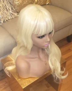 Long Platinum Blonde White Wig with Bangs Ombre to Blonde Hair Champaign White - Picture 1 of 5