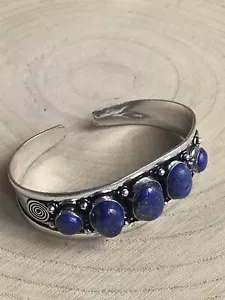 Lapis Lazuli Gemstone Bracelet Bangle Sterling Silver 925 Plated Blue Oval - Picture 1 of 4