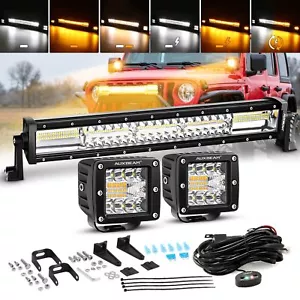 Auxbeam 22" + 3" LED Light Bar 6 Modes Amber White Strobe Spot Flood Fog Lights - Picture 1 of 12