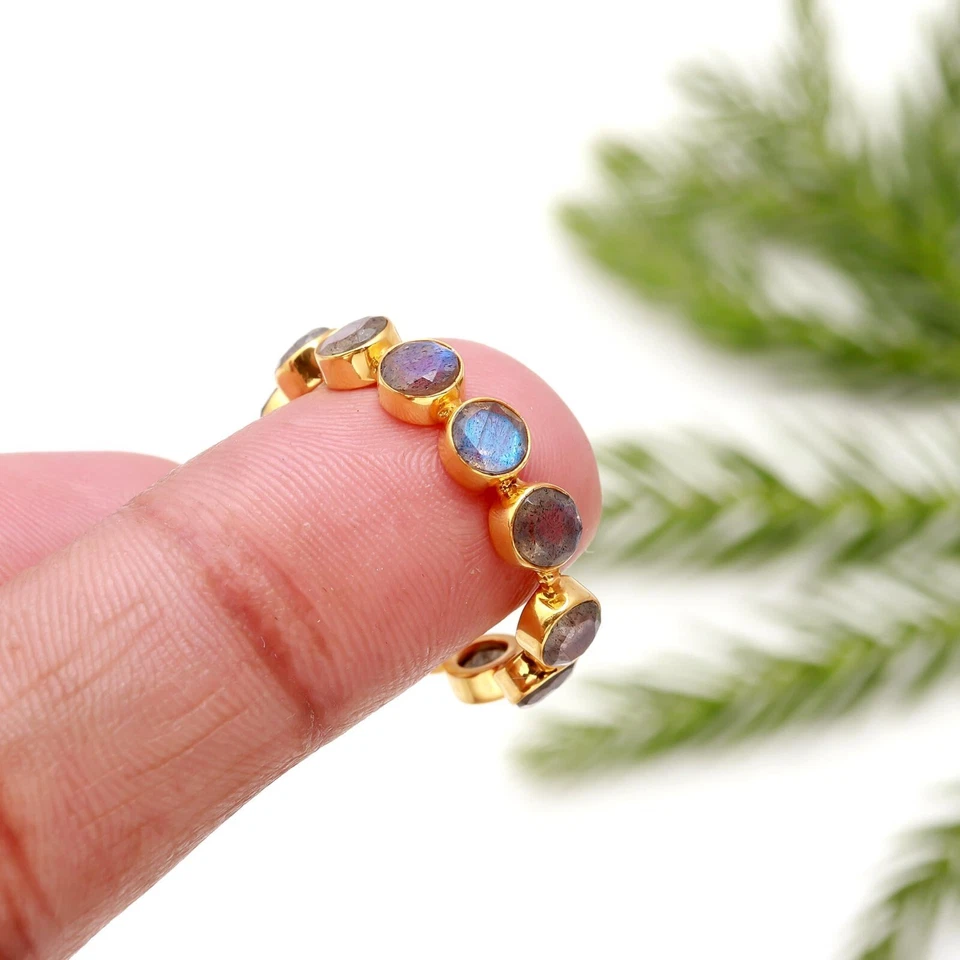 Anillo banda cumpleaños mujer oro 14k y 18k sólido piedras preciosas labradorita azul natural Foto 1 de 4
