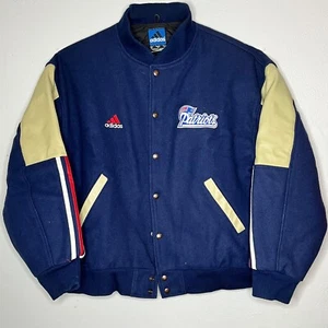 New England Patriots Wool Bomber Jacket by Adidas - Leather Trim on Sleeves - Me - Picture 1 of 2