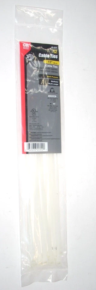 Bridas de cable Gardner Bender 45-312 blancas con cremallera 11" de largo 75 lb paquete de 12 Foto 1 de 1