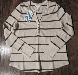 Market & Spruce Women's Waffle Knit Henley Shirt Tan & Navy Striped Size L NWT! - Picture 1 of 17