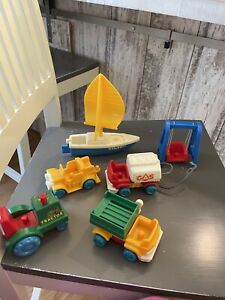 Lot of 6 Cool Vintage Plastic Vehicle Toys Dump Truck, Tractor, Gas, Sailboat