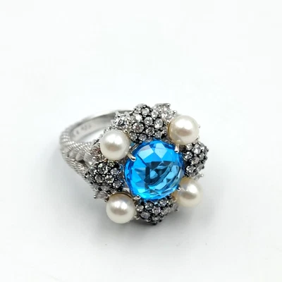 QVC Judith Ripka Sterling Silver 925 Blue Topaz Pearl & CZ Cocktail Ring Sz 7 - Image 1 of 4