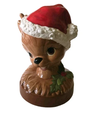 Sombrero de Papá Noel Vintage Cerámica Navidad Kitsch Bebé Cabeza de Reno Navidad 7" 1983 Foto 1 de 4