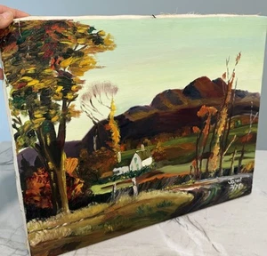 Dipinto olio paesaggio vintage 16 x 20" casa di campagna di JANET febbraio 1978 - Foto 1 di 5