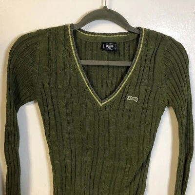 Le Tigre Woman’s Sweater Pullover M Green Cotton Cable Knit V-Neck Long Sleeve - Image 1 of 4