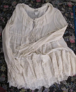 HAUTE HIPPIE Silk Chiffon Blouse Ivory/Cream Tiers Ties Raw Edges Eyelet Small - Picture 1 of 11