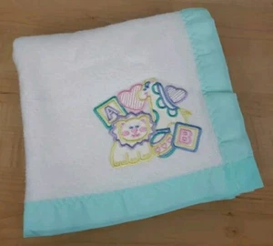 Vintage bestickte Löwe Giraffe Babydecke weiß Acryl Aqua Borte ABC Blöcke USA - Bild 1 von 10