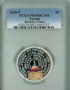 2018-P Tuvalu $2 hAPPY Birthday Wishes 2 oz Silver .999 PCGS PR PF 69 proof RARE - Picture 1 of 1