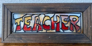 Stained Glass Teacher Sign Faux Yellow Red White Vintage 14 x 6" Wood Frame 1970 - Picture 1 of 5