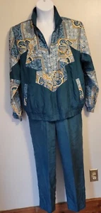 Vintage 80s Hunt Club 2 Pc Track Suit M Teal Gold EUC Jacket Pants - Picture 1 of 7