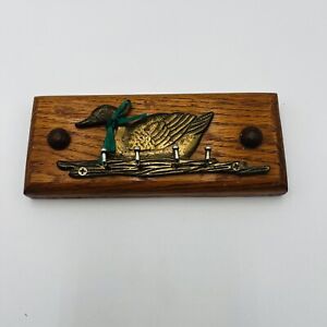 Vintage Brass Duck 4 Hook Wood Base Key Dog Leash Holder Wall Mount Decor