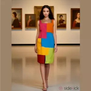 Vintage Leinenmischung Kleid 6 Ärmellos Regenbogen Farbblock Verspielt Minimalistisch - Bild 1 von 9