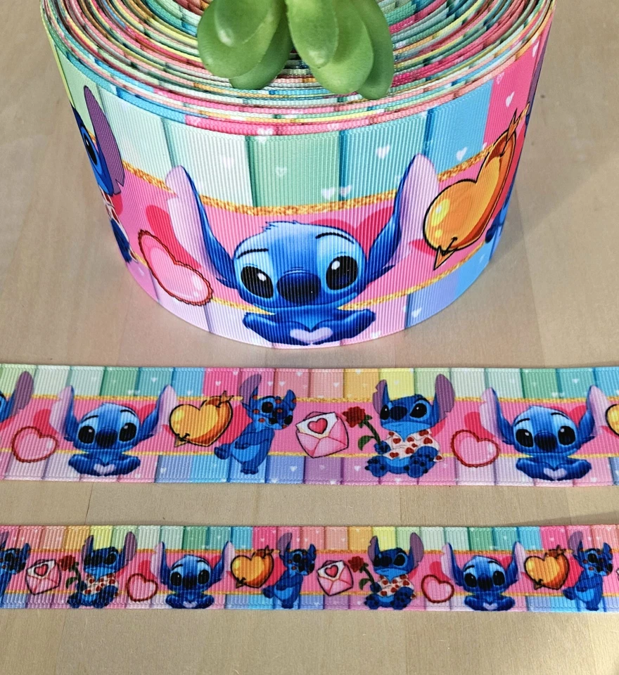7/8, 1.5 & 3" (1 YD) Lilo & Stitch Valentine Grosgrain Ribbon Hearts Love Letter - Image 1 of 1