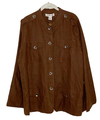 Silhouettes Brown 100% Linen Button Front Cargo Jacket VTG Plus Size 18 N4 - Image 1 of 4