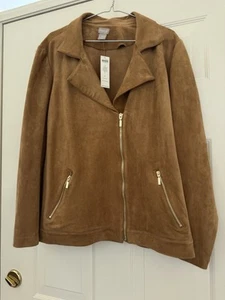 Chico's Faux Suede Vintage Brown Gold Zippers Moto Jacket Lightweight 4 (20/22) - Picture 1 of 5
