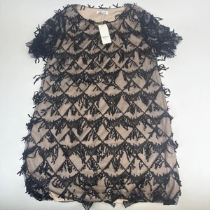 VVM Curve Women's Beige Mesh Short Sleeve Black Diamond Beaded Blouse Top Size L - Picture 1 of 5