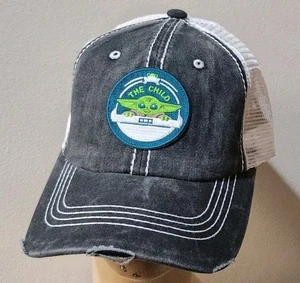 The Baby Yoda Trucker Hat Distressed Baseball Cap Black & White Mesh The Child - Picture 1 of 16