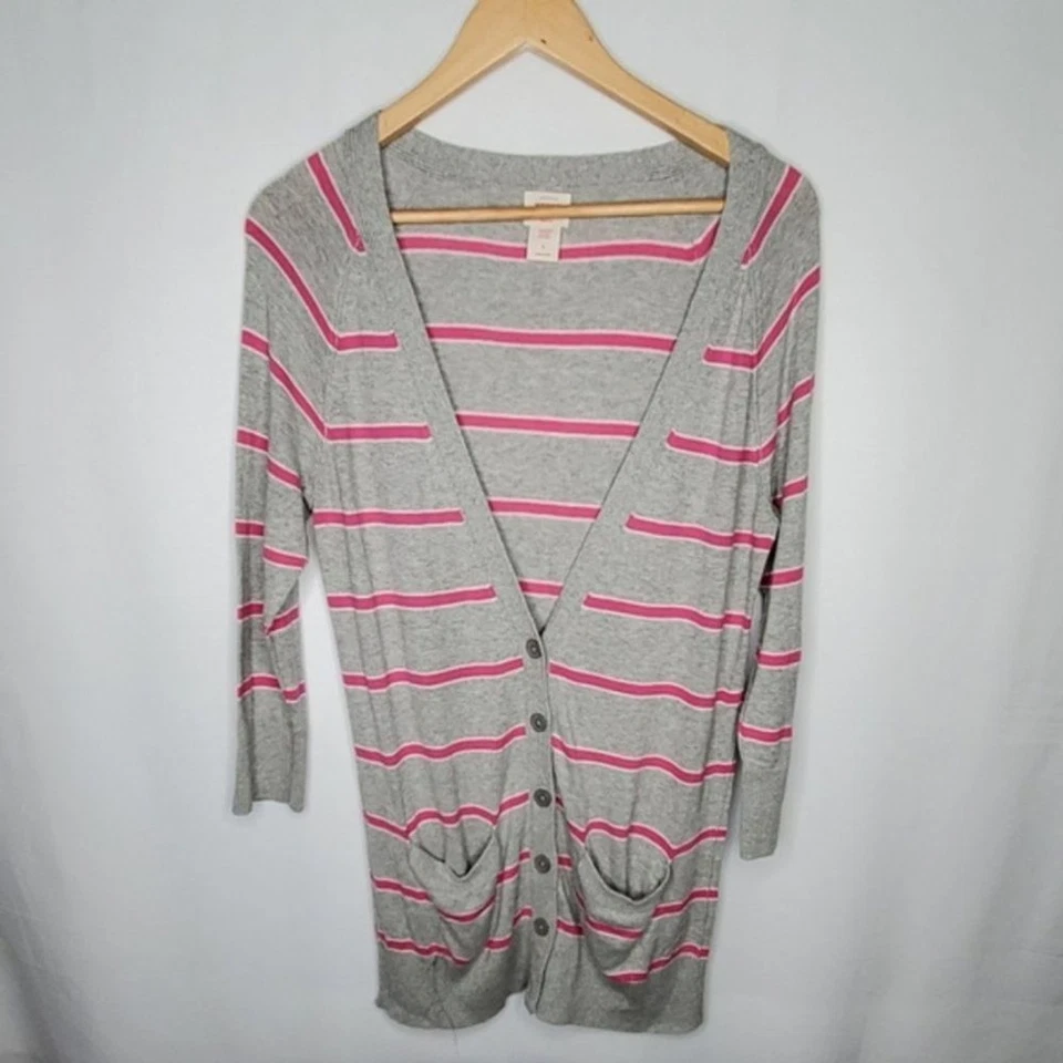Cárdigan Mossimo para mujer grande a rayas manga larga gris rosa L Foto 1 de 3