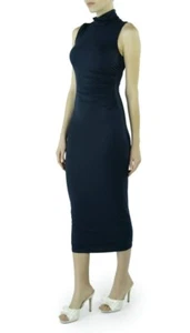 Michael Stars Midi Dress M Dark Teal Blue Turtleneck Stretch Bodycon Sleeveless - Picture 1 of 12