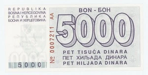 Bosnia and Herzegovina 5000 Dinara 1992 Pick 27.a UNC Uncirculated Banknote - Picture 1 of 2