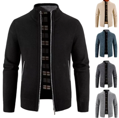 Herren Reißverschluss Fleecefutter Strickjacke Winter Gestrickt Warm Sweatjacke - Bild 1 von 2