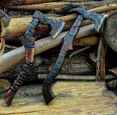 Lot of 2 Custom Handmade Carbon Steel Viking axe Bearded Axe With ash wood - Image 1 of 3