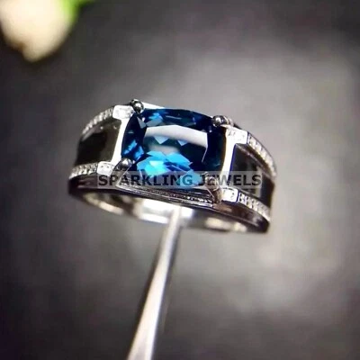 AAA+ Topacio azul corte cojín con anillo de plata de ley 925 para hombre #C143 Foto 1 de 4
