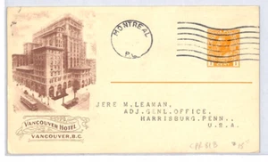 CANADA KGV 1c Stationery Card CPR RAILWAY 1923 Vancouver Hotel Advert PX195 - Picture 1 of 10