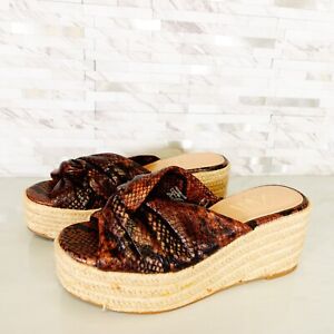 Zara Women Leather Sandals Size 7.5 Slip On Wedge Snakeskin Platform Espadrilles