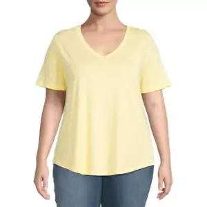 Terra & Sky Women's Plus Size V-Neck Short Sleeves T-Shirt Yellow 3X (24W-26W) - Picture 1 of 4